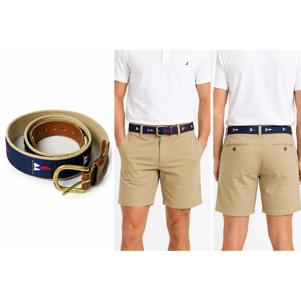 Leather Man Belt Mens 34 Nautical‎ Flag Canvas Leather Nautical Preppy Maritime